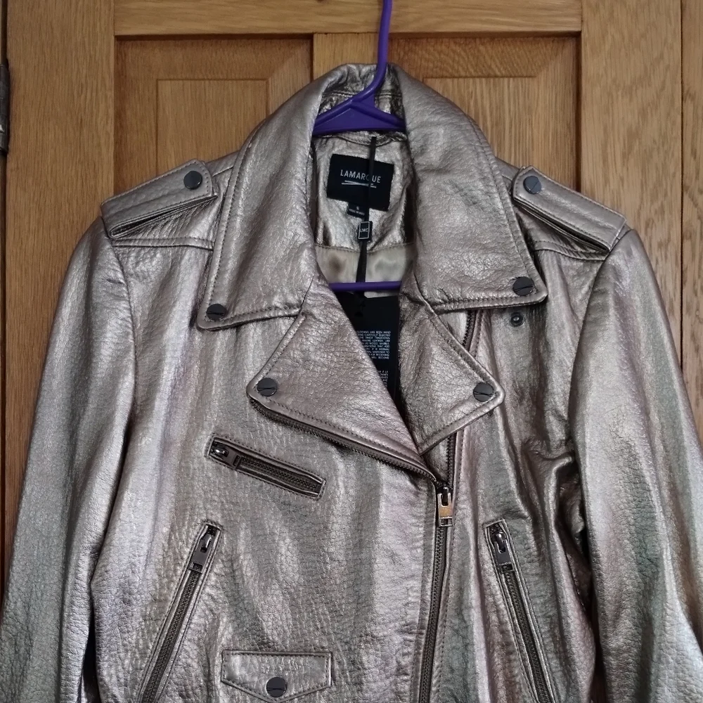 NWT Lamarque Roberto metallic gold leather belted moto jacket - Picture 4 of 15